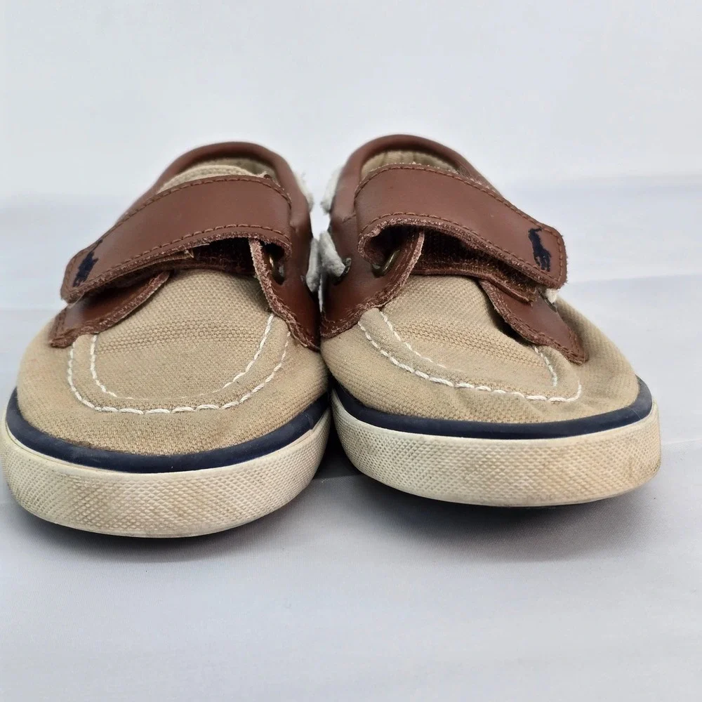 Polo Ralph‎ Lauren Lander EZ Toddler Boat Shoes Tan Canvas Brown Leather Size 9